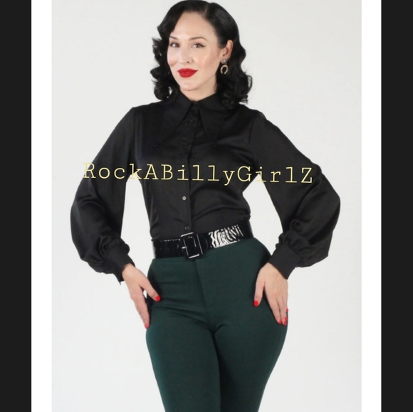Tatyana 1940's Willow Ink Black Satin Blouse Pinup Bishop Sleeves w Arrow Collar - Picture 5 of 7